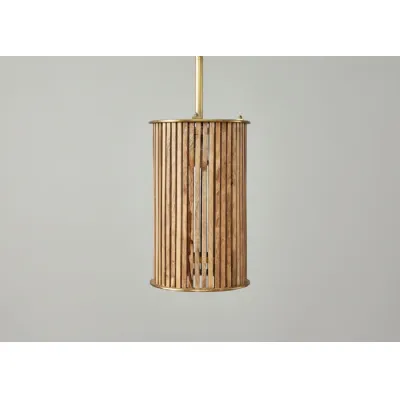 Small Natural Mango Wood Brass Detail Slatted Ceiling Lamp