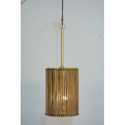Small Wooden Slatted Round Lamp with Brass Clad Edges