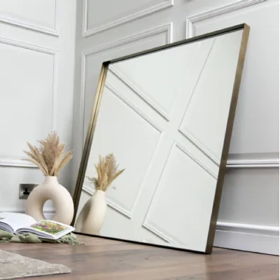 Antique Brushed Brass Metal Square Wall Mirror 100cm
