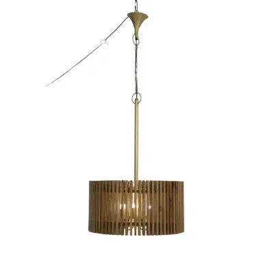 Wide Natural Mango Wood Slatted Pendant Lamp with Three Lights