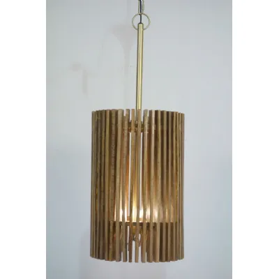 Wooden Slatted Long Pendant Lamp with Three Light Fittings