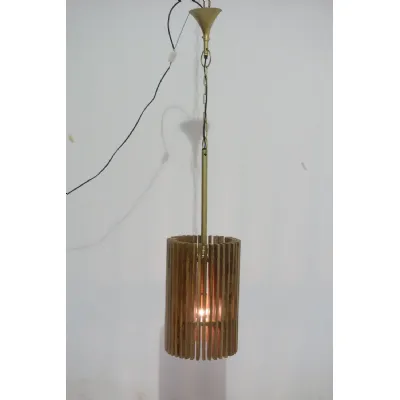 Small Round Natural Mango Wood Slatted Pendant Lamp