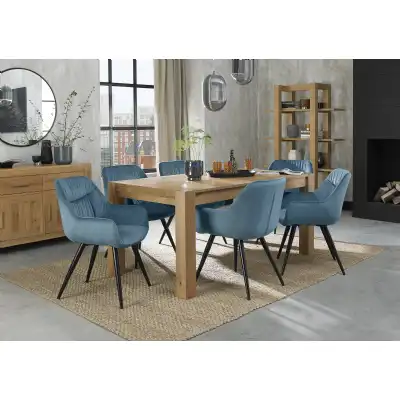Light Oak Extending Dining Set 6 Blue Velvet Fabric Chairs