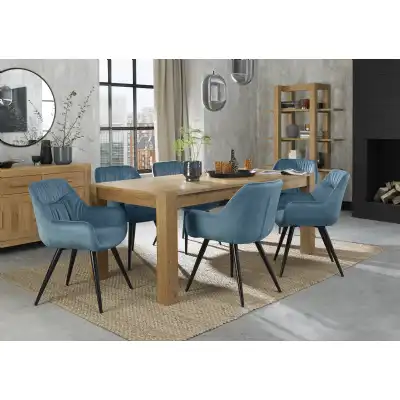 Oak Large Extending Dining Table Set 6 Blue Velvet Chairs