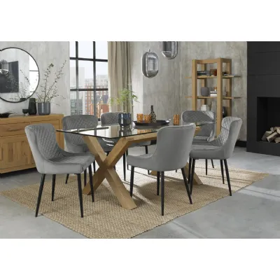 Clear Glass Dining Table Set 6 Grey Velvet Fabric Chairs