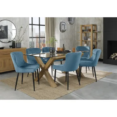 Clear Glass Dining Table Set Oak Legs 6 Blue Velvet Chairs