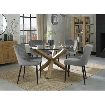 Oak Glass Round Dining Table Set 4 Grey Velvet Chairs