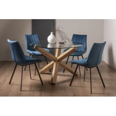 Clear Glass Small Round Dining Set 4 Blue Velvet Chairs