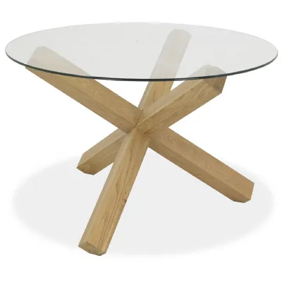 Light Oak Large 120cm Round Glass Top Dining Table Cross Legs