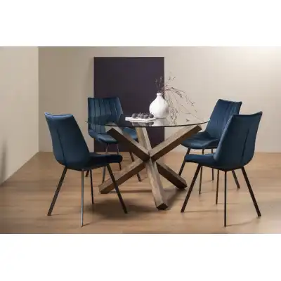 Clear Glass Small Round Dining Set 4 Blue Velvet Chairs