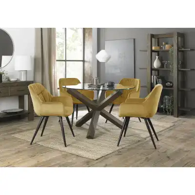 Round Glass Dining Table Set Oak Legs 4 Yellow Velvet Chairs