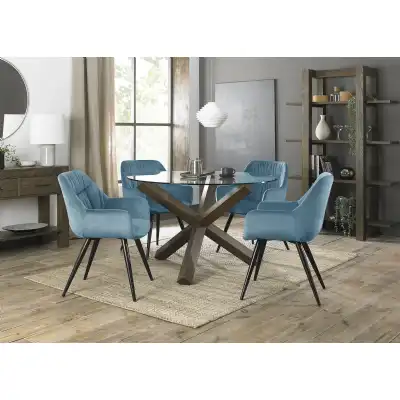 Clear Glass Round Dining Set 4 Blue Velvet Chairs