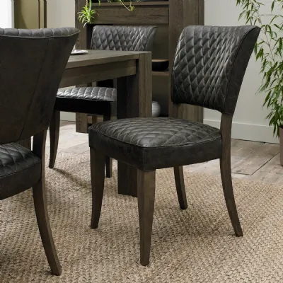 Oak Dark Brown Leather Diamond Stitched Dining Chair