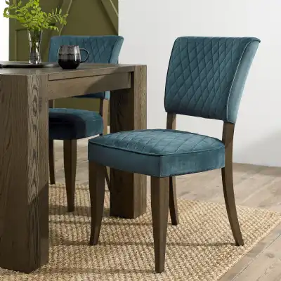 Dark Oak Blue Velvet Fabric Curved Design Dining Chair