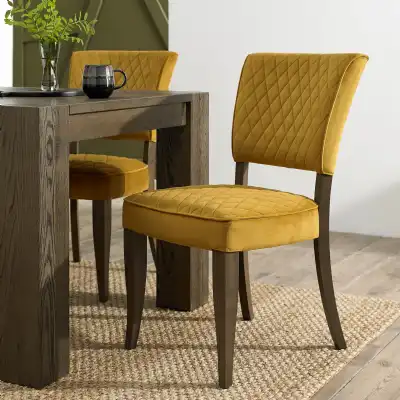Dark Oak Mustard Yellow Velvet Fabric Curved Dining Chair