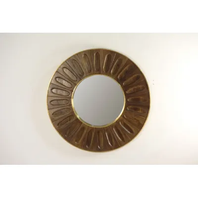 Bronze Wooden Carved Oval Tile Design Round Mirror with Brass Edge