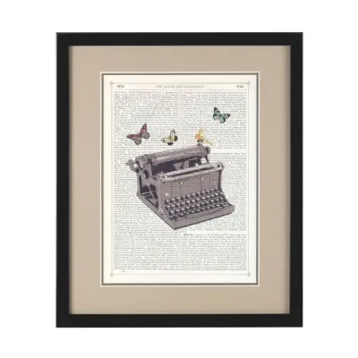 Vintage Framed Typewriter with Butterfly Details Wall Art