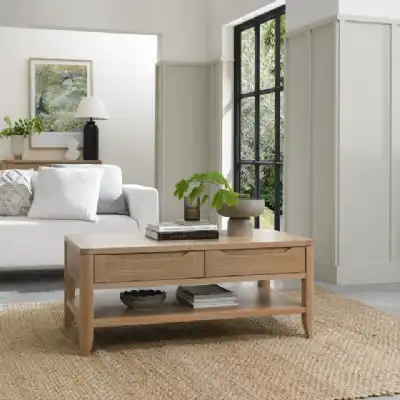 Oak Lacquer Finish 2 Drawer Coffee Table with Bottom Shelf
