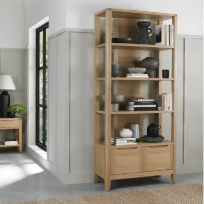 Tall Oak Lacquer Finish Open Display Shelving Unit