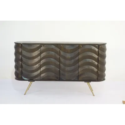 Dark Mango Wood 4 Door Wave Carved Sideboard with Brass Legs