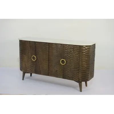 Natural Mango Wood White Marble Top 4 Door Chiseled Front Sideboard
