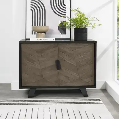 Distressed Weathered Oak Black Metal 2 Door Sideboard