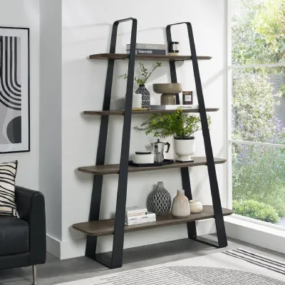 Weathered Oak and Black Metal Open Shelving Display Unit