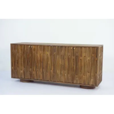 Retro Natural Mango Wood 4 Door Carved Sideboard with Plinth Base