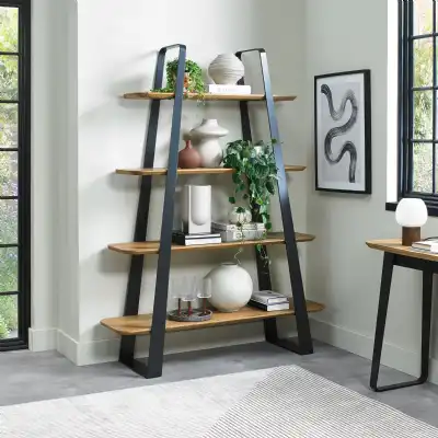 Rustic Oak and Black Metal Open Shelving Display Cabinet