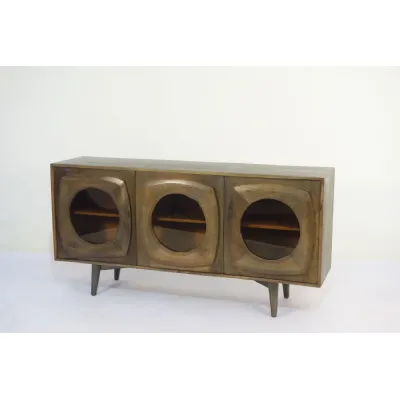 Modern Mango Wood 3 Door Curved Glass Front Sideboard