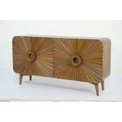 Retro Mango Wood 4 Door Sunburst Carved Sideboard with Tapered Legs