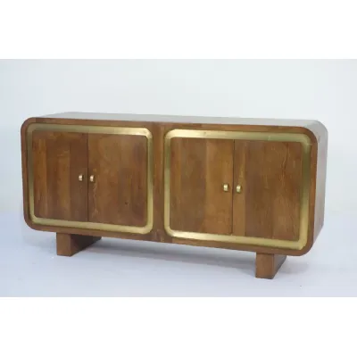 Modern Mango Wood 4 Door Sideboard with Brass Trim and Raised Block Base