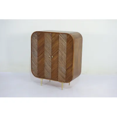 Retro Mango Wood 2 Door Chip Carved Cabinet with Brass Legs