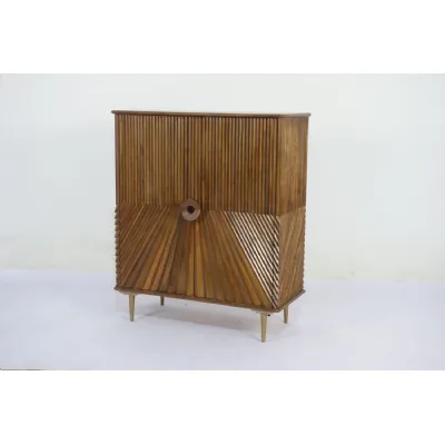 Traditional Mango Wood 2 Door Chip Carved Storage Cabinet with Brass Legs
