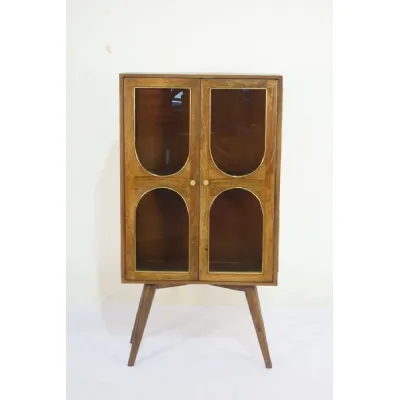 Traditional Mango Wood Arched Panel 2 Door Glass Display Storage Cabinet