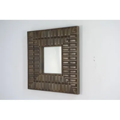 Bronze Mango Wood Square Wall Mirror with Carved Tile Detailing