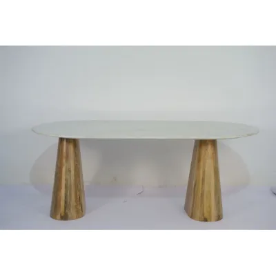 Natural Mango Wood White Marble Top 6 Seater Oval Dining Table