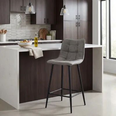 Grey Leather Effect Fabric Bar Stool Black Metal Frame