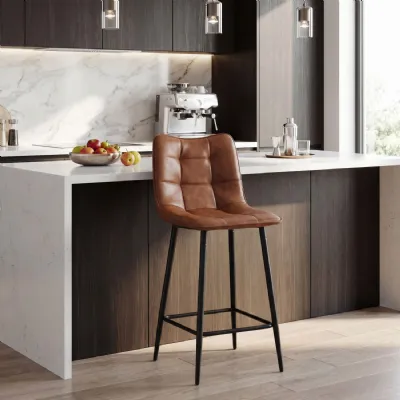 Tan Leather Effect Fabric Bar Stool Black Metal Frame