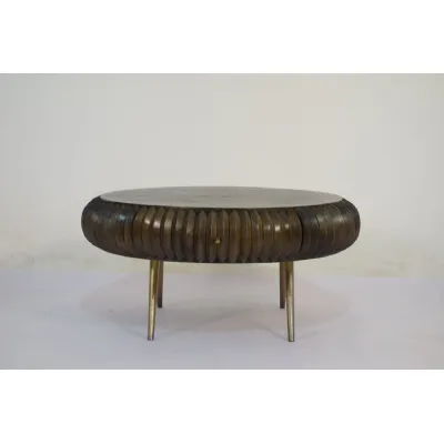 Solid Mango Wood Capsule 2 Drawer Coffee Table with Brass Finish Legs