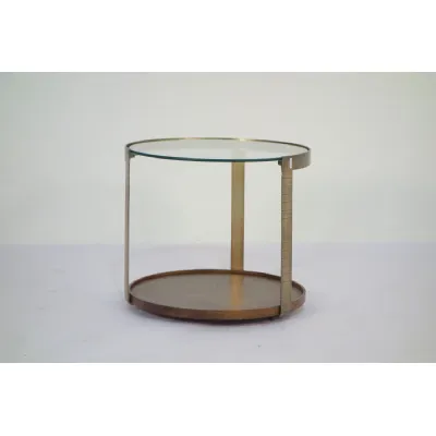 Bronze Metal Glass Top Round Side Table with Wooden Tray Base