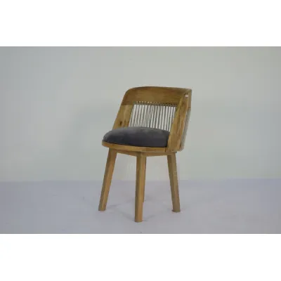 Traditional Natural Mango Wood Grey Fabric Dining Chair