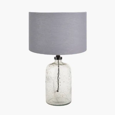 Ophelia Small Grey Bubble Glass Table Lamp Base with Lino 30cm Steel Grey Self Lined Linen Cylinder Lampshade