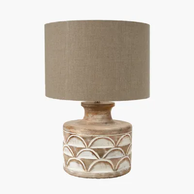 Kingsbury White Wash Large Carved Wood Table Lamp Base with Edward 40cm Natural Linen Cylinder Lampshade