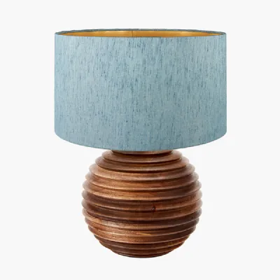 Pembury Brown Wash Turned Wood Table Lamp Base with Stellan 30cm Duck Egg Slubbed Silk Mix Gold Lined Cylinder Lampshade