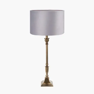 Canterbury Antique Brass Metal Table Lamp Base with Rene 35cm Light Grey Velvet Cylinder Lampshade