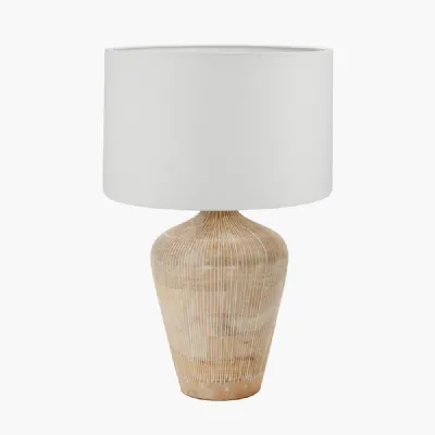 Taika White Wash Textured Wood Table Lamp Base with Lino 40cm White Self Lined Linen Cylinder Lampshade