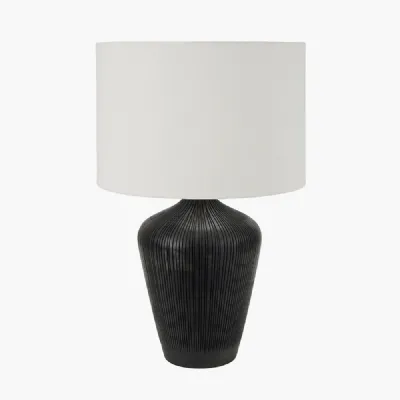 Taika Antique Black Textured Wood Table Lamp Base with Lino 40cm White Self Lined Linen Cylinder Lampshade
