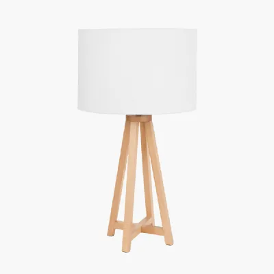 Whitby Natural Wood Tapered 4 Post Table Lamp Base with Lino 35cm White Self Lined Linen Cylinder Lampshade