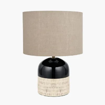 Lotta Black and Natural Stoneware Table Lamp Base with Edward 35cm Natural Linen Cylinder Lampshade
